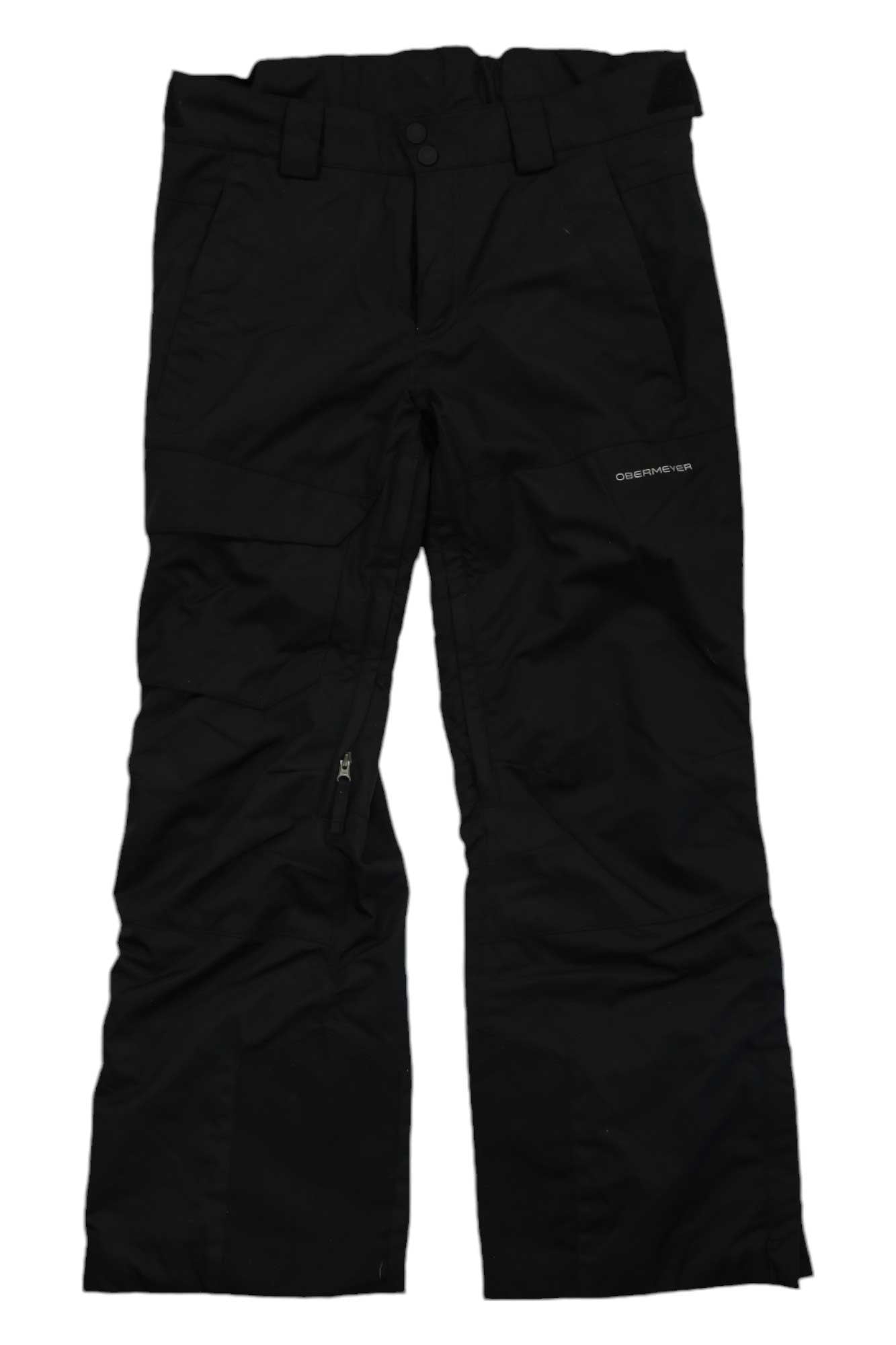 The Obermeyer Mens Orion Pant is a black waterproof ski pant with front pockets, belt loops, a button waist, reinforced knees, and a zippered leg pocket. Shown here laid flat on a white background.