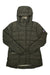 Women’s quilted hooded jacket in olive with full front zipper and drawstring hood