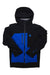 The Black Diamond Men's Recon Stretch Pro Shell Jacket is a black and blue waterproof shell with a front zipper, chest pocket, logo on the chest and left sleeve, snow helmet compatible, shown on a white background.