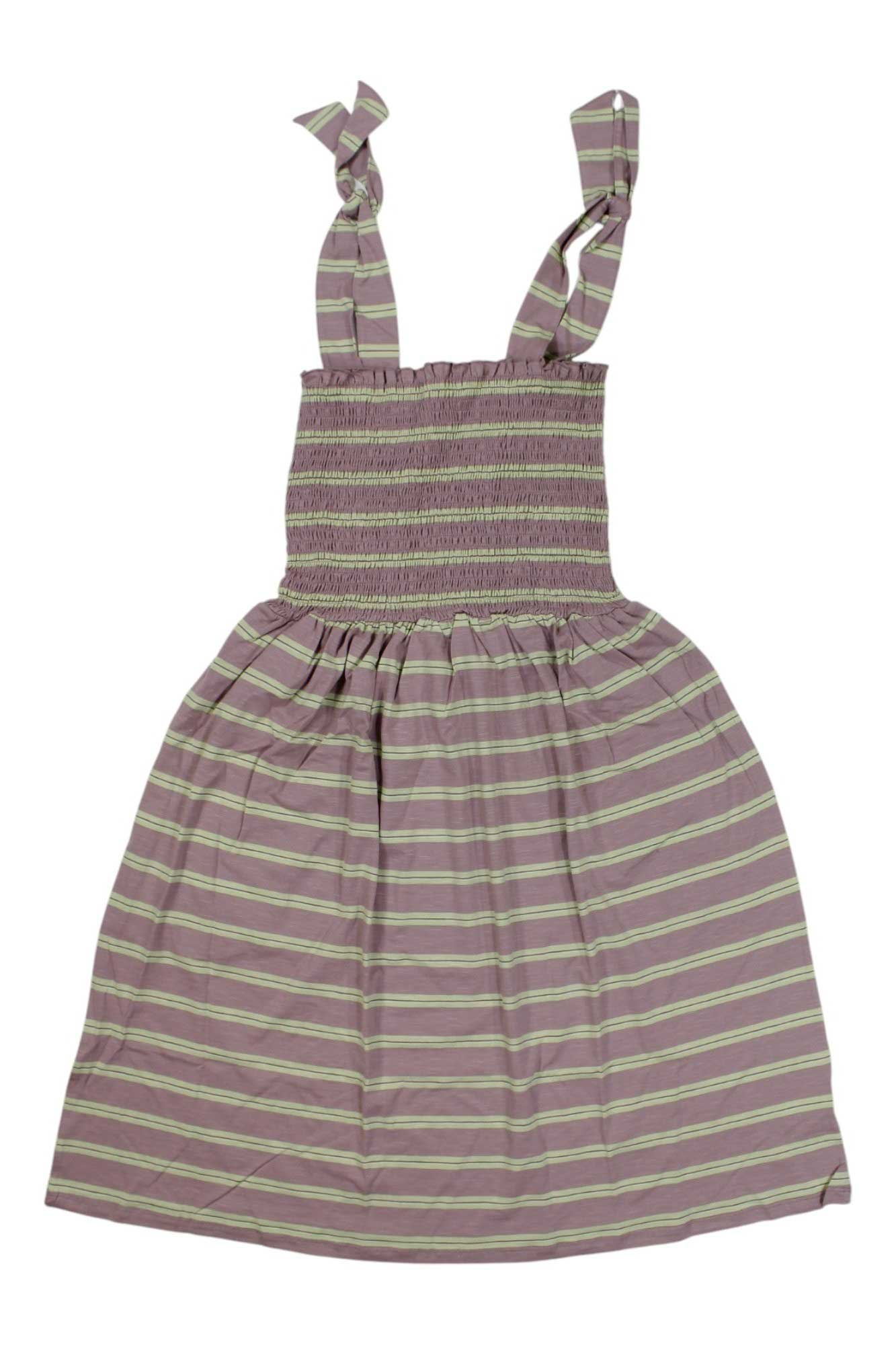 The Toad & Co Womens Gemina Sleeveless Dress features shoulder tie straps, a smocked bodice, and a flared skirt in light purple with greenish-yellow stripes—making it a charming, practical choice for sunny outdoor adventures.