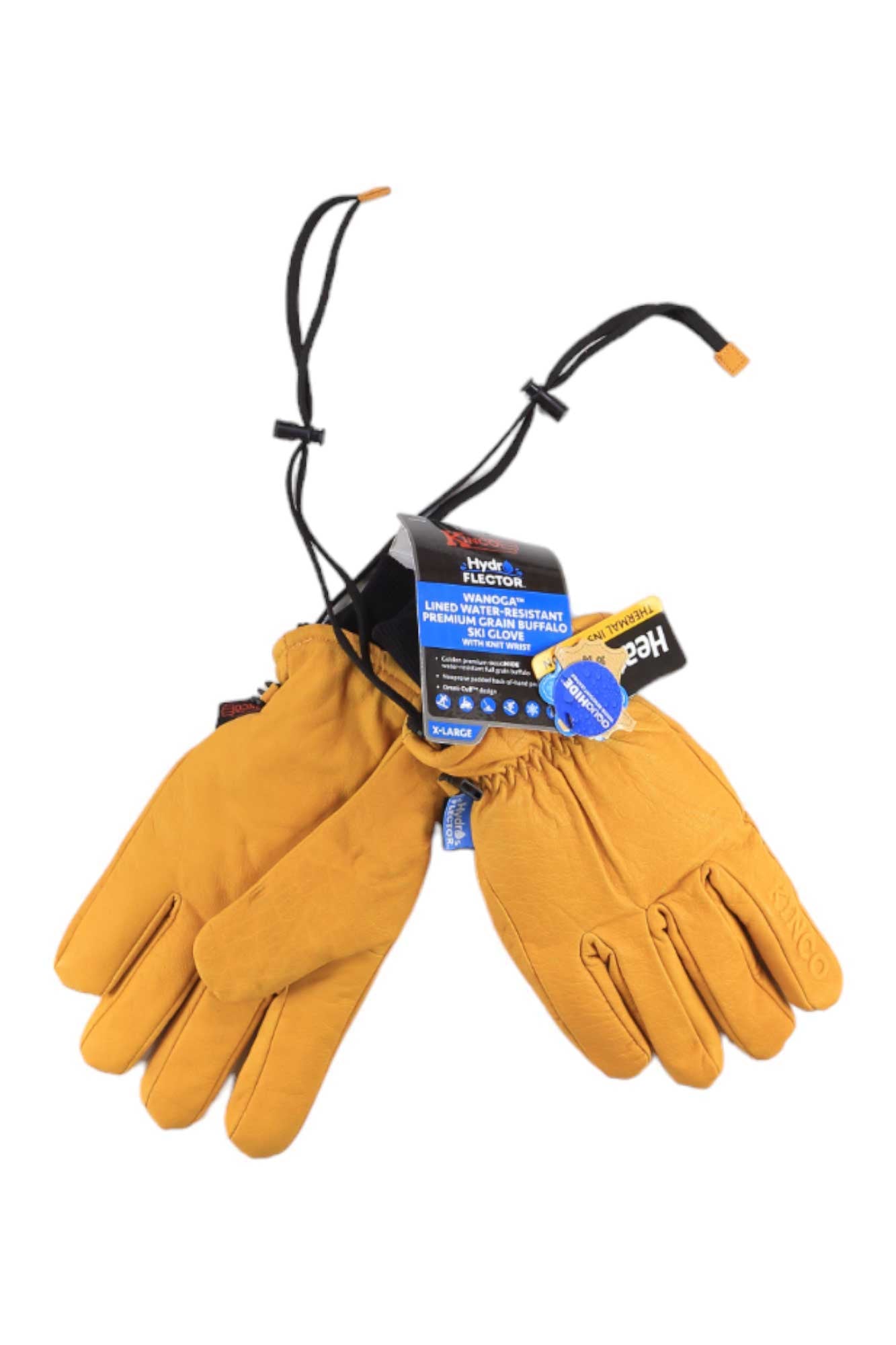 Lined waterproof ski gloves in golden with knit wrist cuff and leather palm