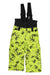 The Obermeyer Boys Warp Pant is a bright yellow-green insulated bib ski pant with black suspenders and waist, featuring black skier, snowflake, and abstract designs. These waterproof pants are stylish and practical for snowy adventures.