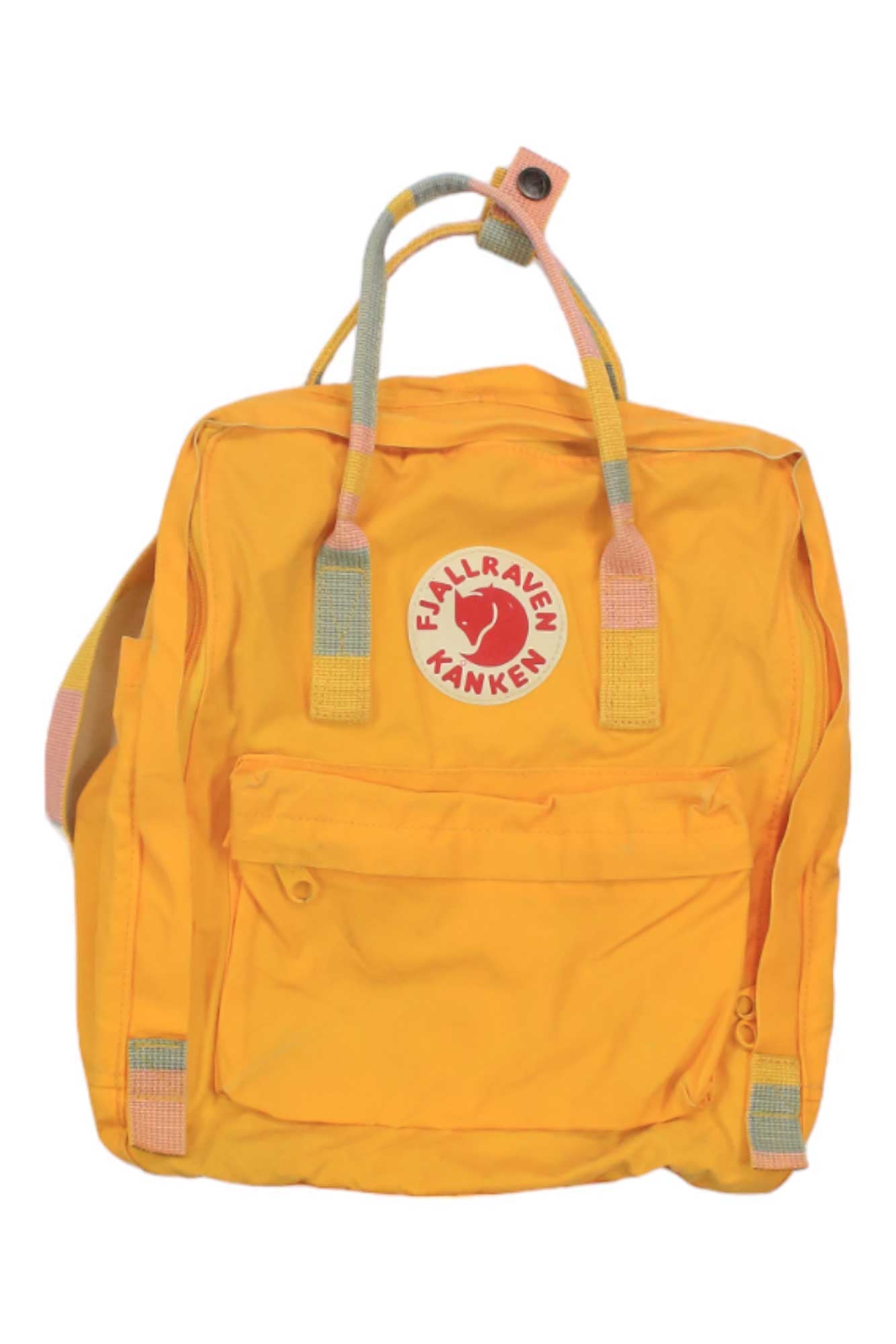 A yellow Fjallraven Kanken No.2 Backpack with rainbow handles and straps, a front zipper pocket, the iconic red and white fox logo, made from durable G-1000 HeavyDuty fabric.