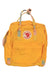 A yellow Fjallraven Kanken No.2 Backpack with rainbow handles and straps, a front zipper pocket, the iconic red and white fox logo, made from durable G-1000 HeavyDuty fabric.