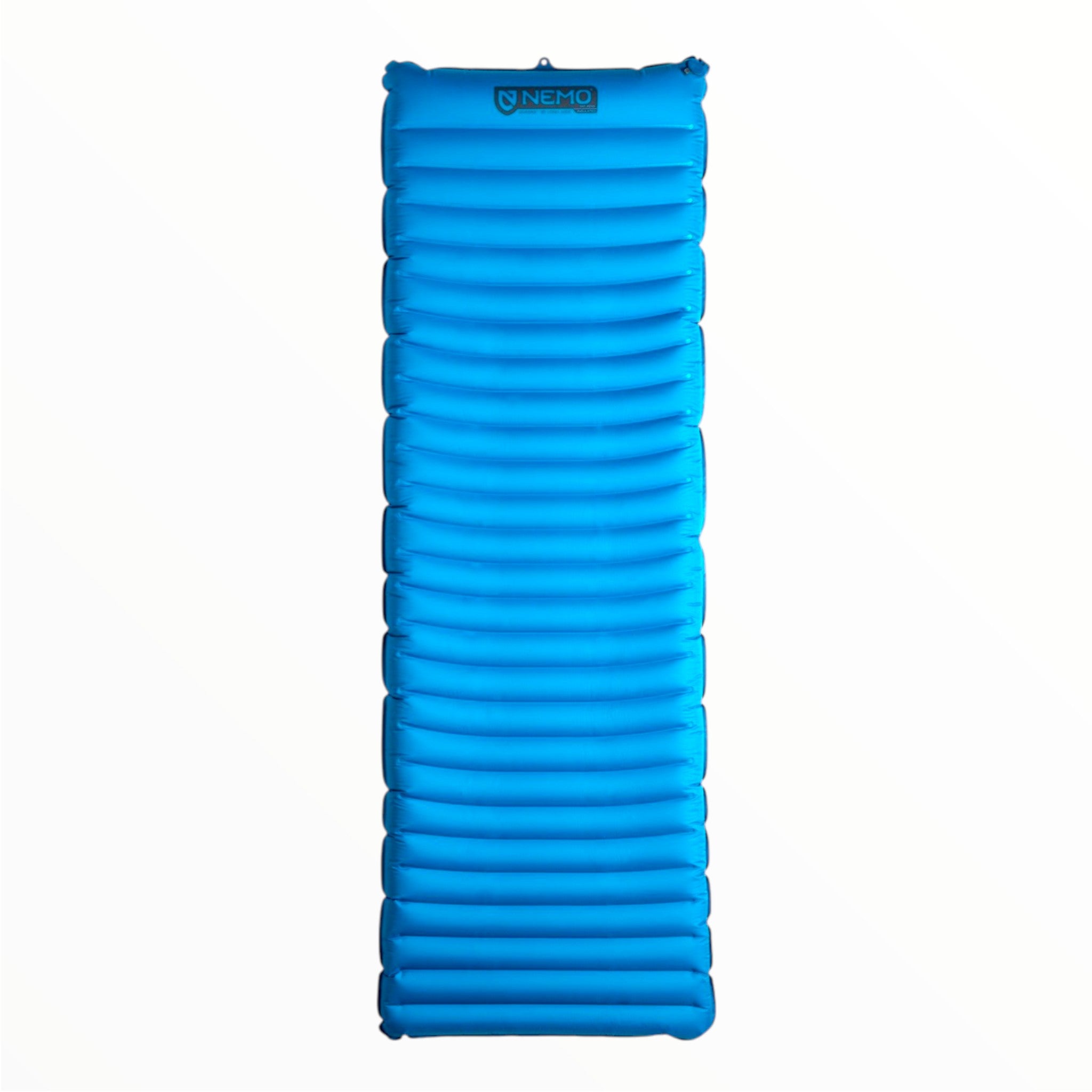 A vibrant blue NEMO Quasar 3D Insulated sleeping pad featuring horizontal air chambers, the NEMO logo at the top, and made from recycled materials, shown on a plain white background.