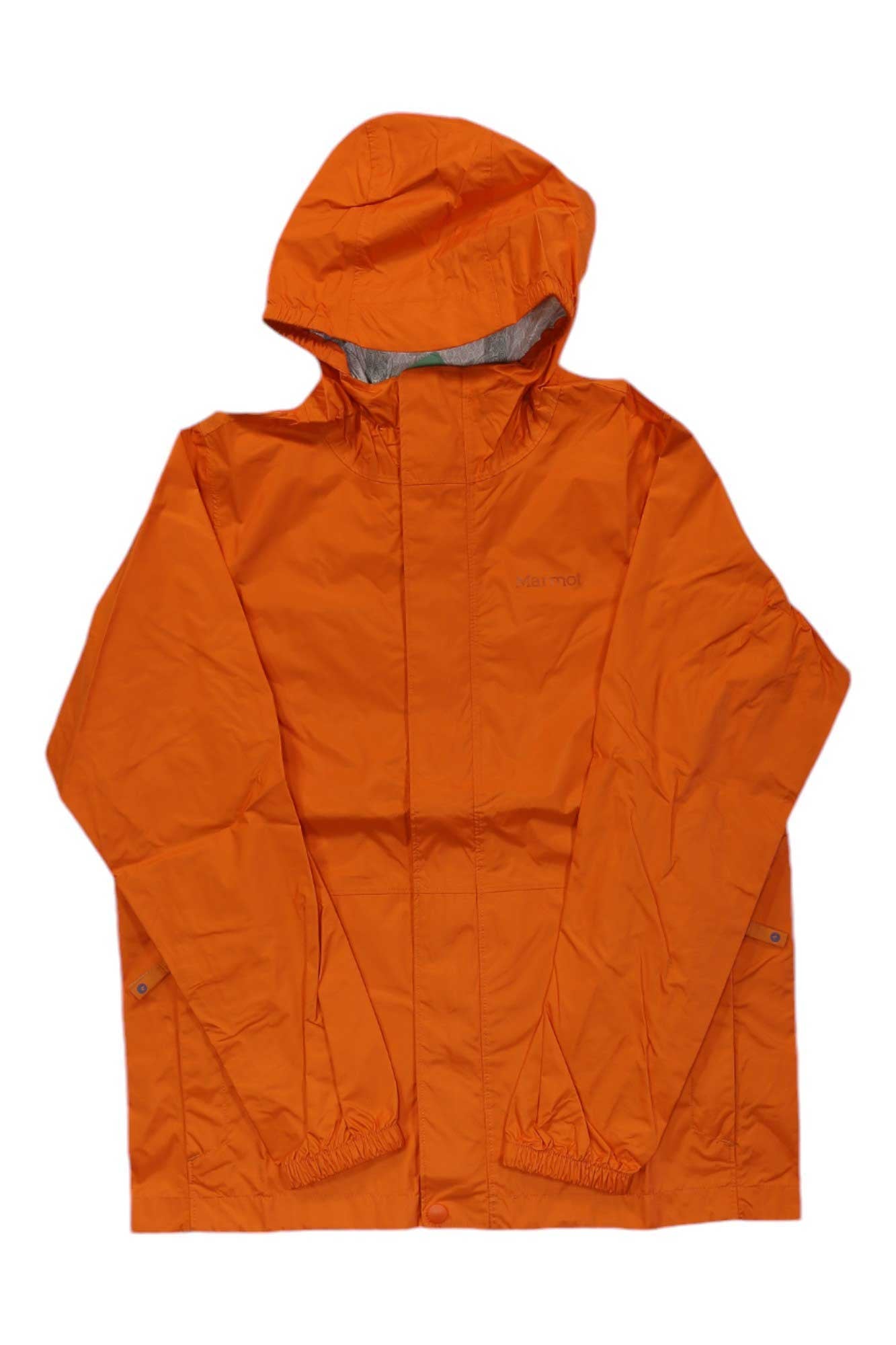 The Kids PreCip Rain Jacket is a bright orange, waterproof jacket featuring a hood, long sleeves, elastic cuffs, and a front zipper. This PFC-free rain jacket for kids is shown laid flat on a white background.