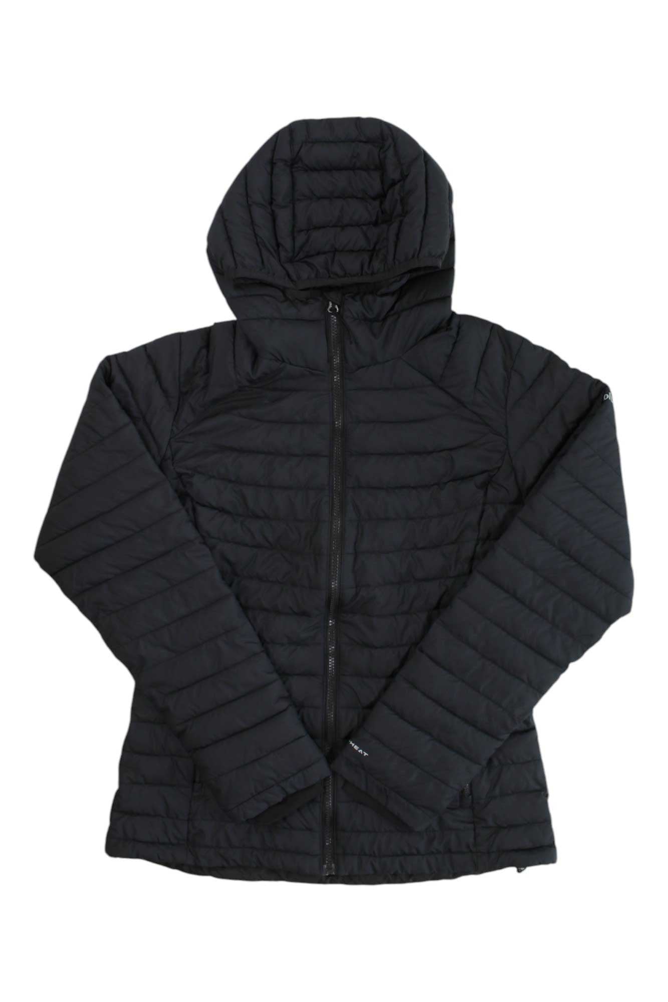 Women's insulated hooded puffer jacket with full front zipper, dark black