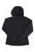 Women's insulated hooded puffer jacket with full front zipper, dark black