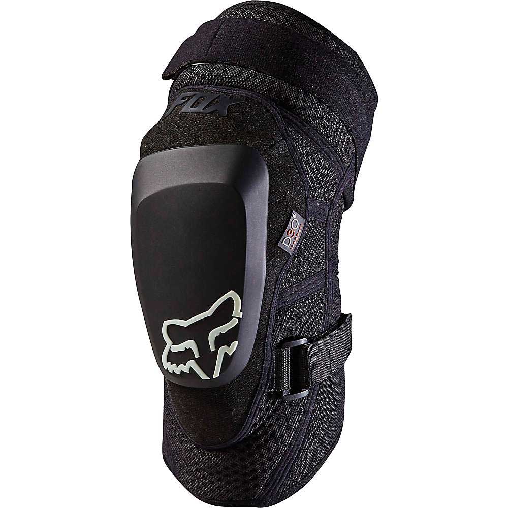 Fox D30 knee guard with hard shell and adjustable strap, black fabric