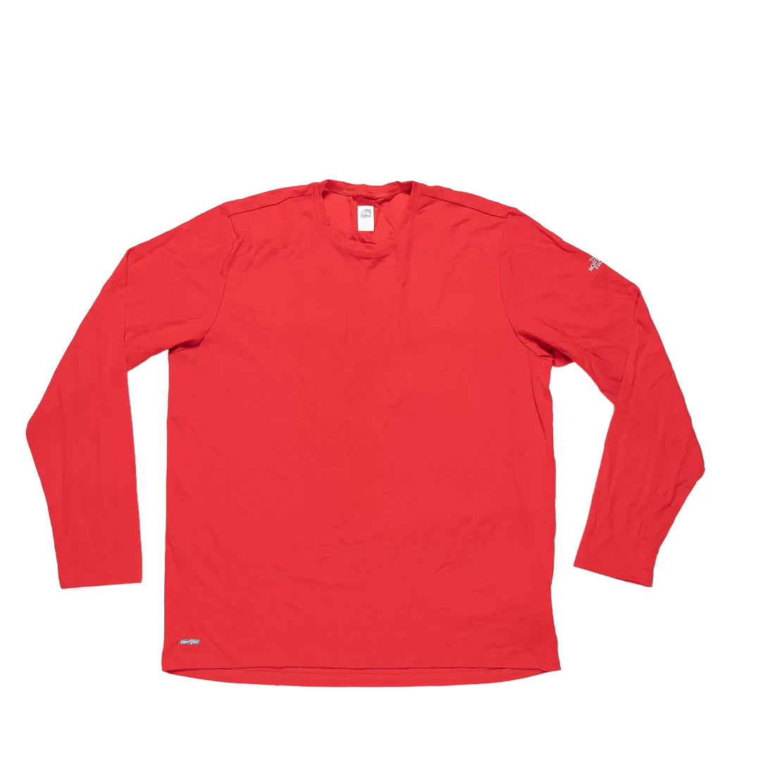 Red long-sleeve athletic T-shirt with crew neck and small side logo