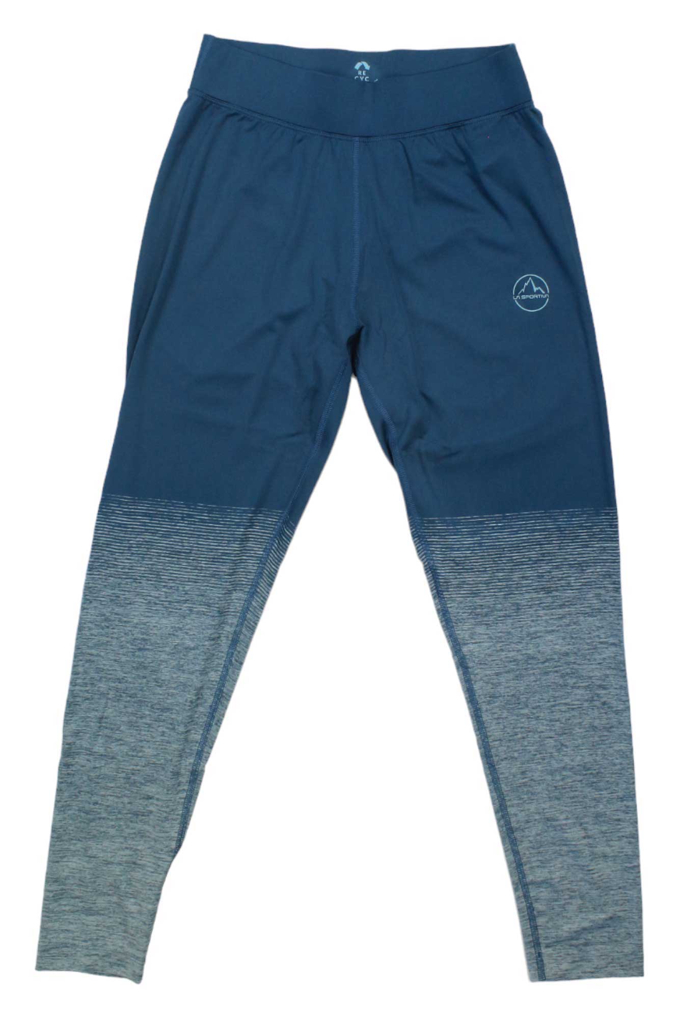 The La Sportiva Women's Patcha Legging features a solid navy upper, heathered light blue-grey lower half, moisture-wicking fabric, and a small logo on the left thigh—ideal athletic leggings for climbing.