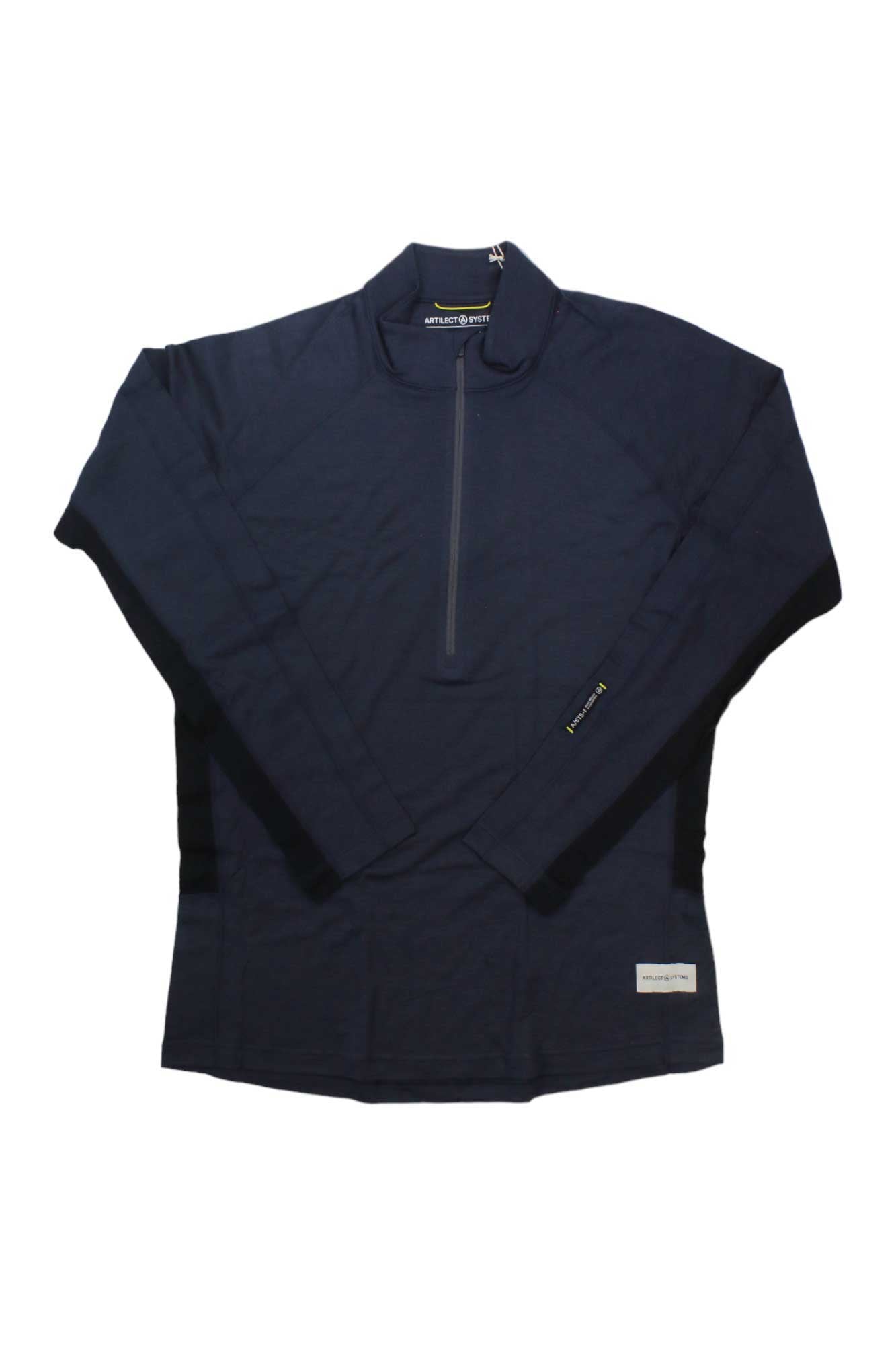 The Artilect Men's Flatiron 185 1/4 Zip Top is a navy, long-sleeve multisport pullover with moisture-wicking fabric, stand-up collar, chest zipper, and small hem label, shown laid flat on a white background.