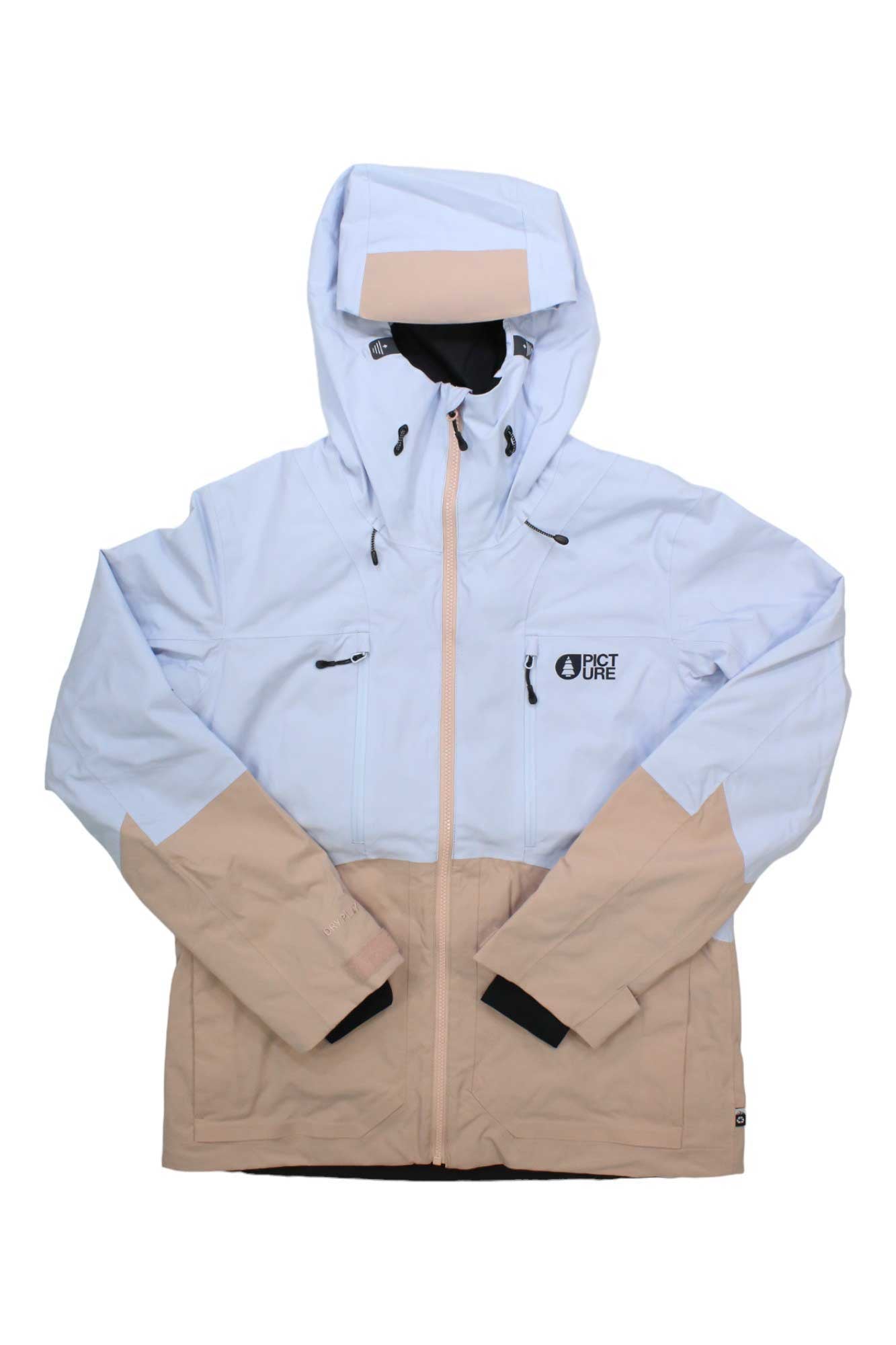 The Picture Womens Fresya Jacket is a light blue and beige waterproof, breathable jacket with front zipper, chest and side pockets, black zipper pulls, the Picture logo on the left chest, and a hood with a beige visor for style and protection.
