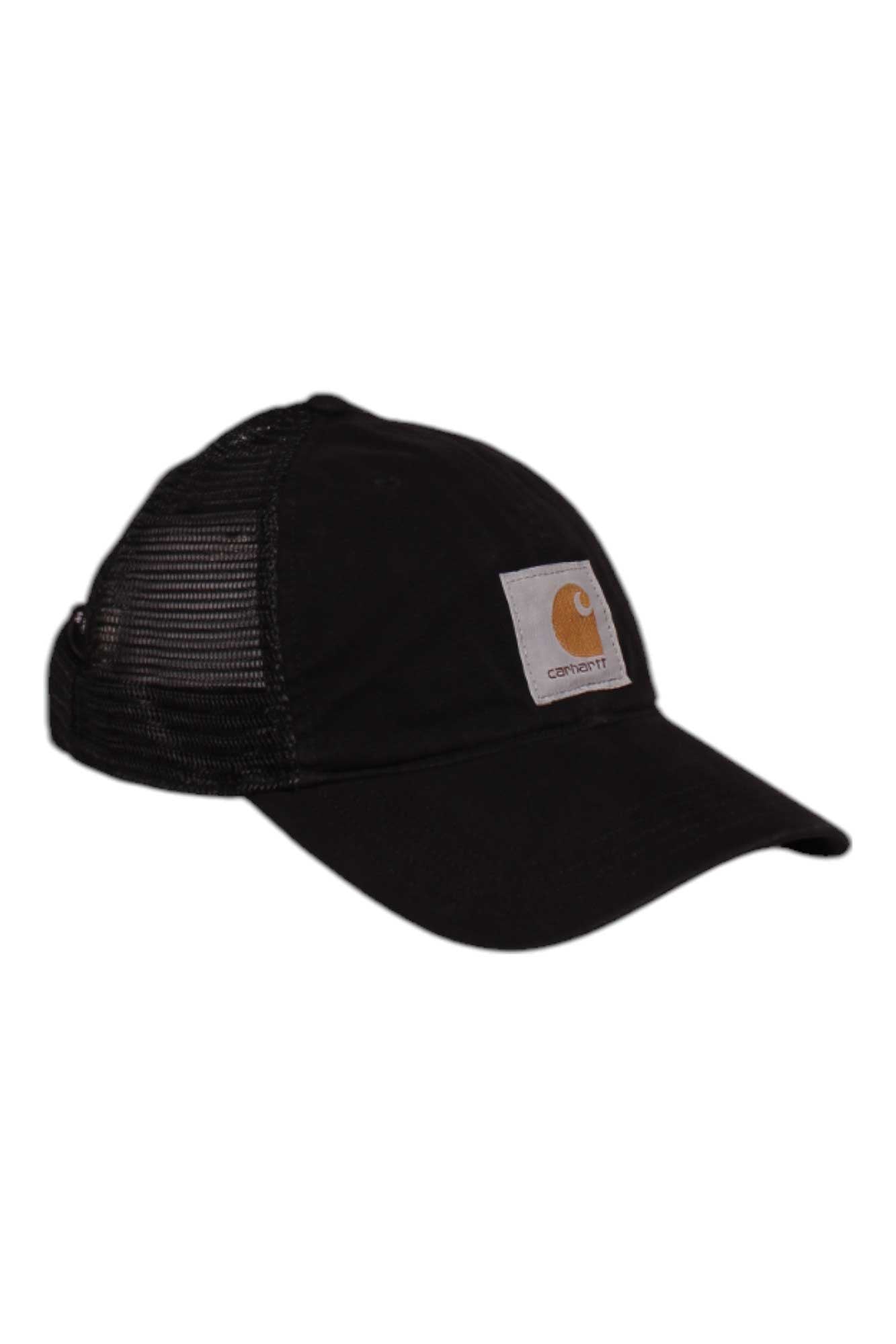 The Carhartt Mens Canvas Mesh-Back Cap is black with a moisture-wicking mesh back and a front rectangular patch displaying the gold Carhartt logo and white brand name.