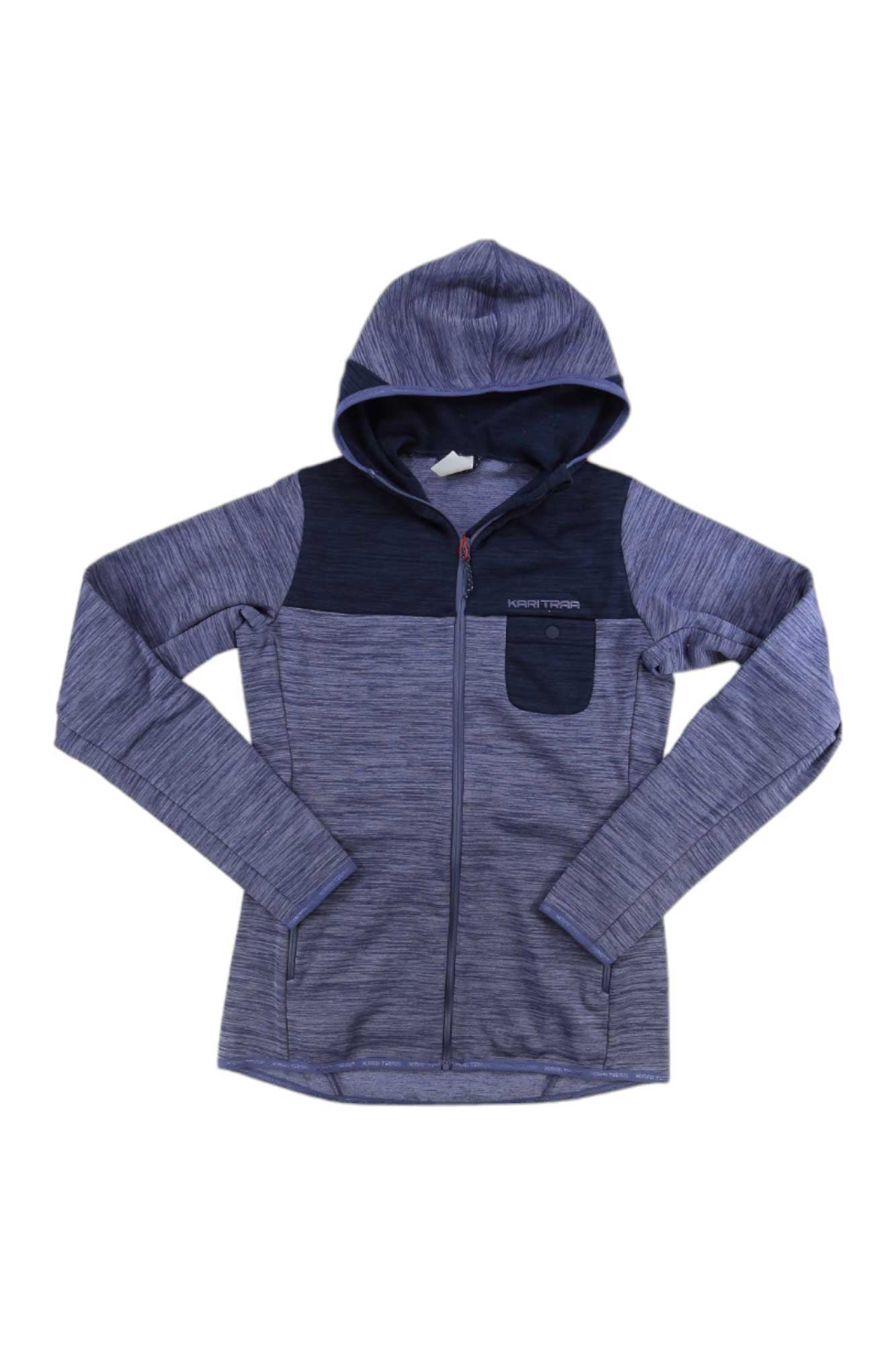 The Kari Traa Women's Sanne Hiking Midlayer is a blue and black zip-up hoodie with long sleeves, chest pocket, hood, and heathered texture. Made from recycled polyester for eco-friendly comfort. Shown flat on a white background.