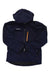 The Mammut Men's Stoney HS Thermo Jacket in dark blue features a hood, front zipper, two zippered side pockets, an orange vertical chest pocket, and Velcro cuffs—perfect as a men's winter or waterproof ski jacket.