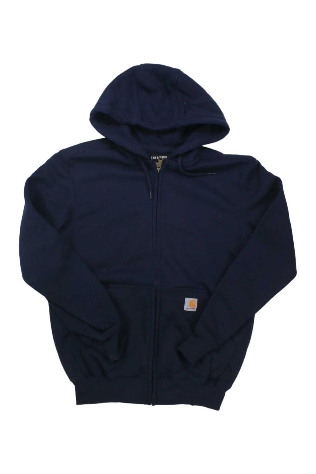 The Carhartt Men's Rain Defender Loose Fit Heavyweight Full Zip Sweatshirt is navy blue with a hood, front pocket, and small logo patch, plus water-repellent tech to keep you dry in wet weather.