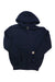 The Carhartt Men's Rain Defender Loose Fit Heavyweight Full Zip Sweatshirt is navy blue with a hood, front pocket, and small logo patch, plus water-repellent tech to keep you dry in wet weather.