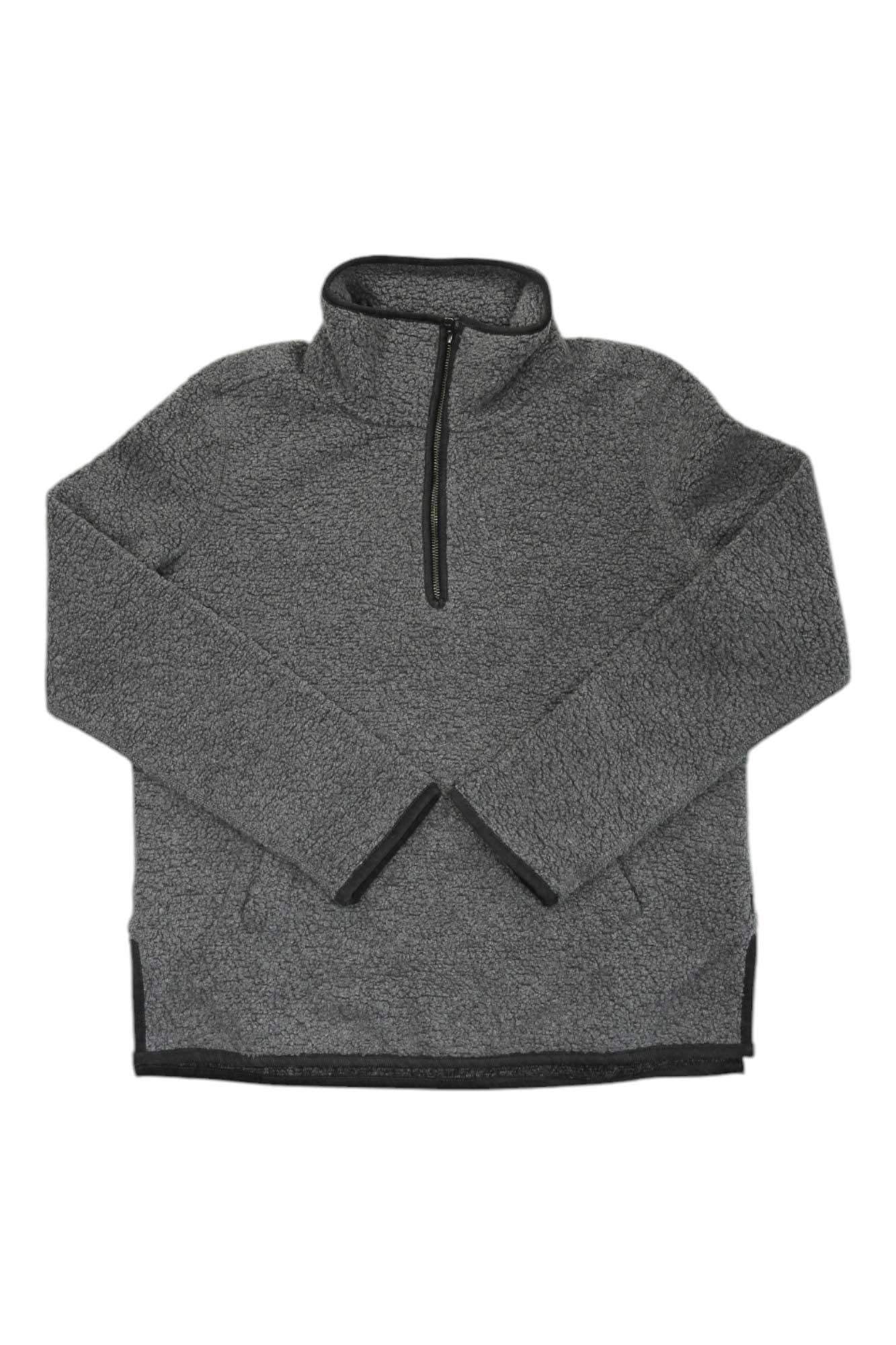 The Toad & Co Womens Telluride Sherpa Pullover in gray features long sleeves, moisture-wicking fabric, a front half-zip closure, and black trim on the collar, zipper, cuffs, and hem, displayed flat on a white background.