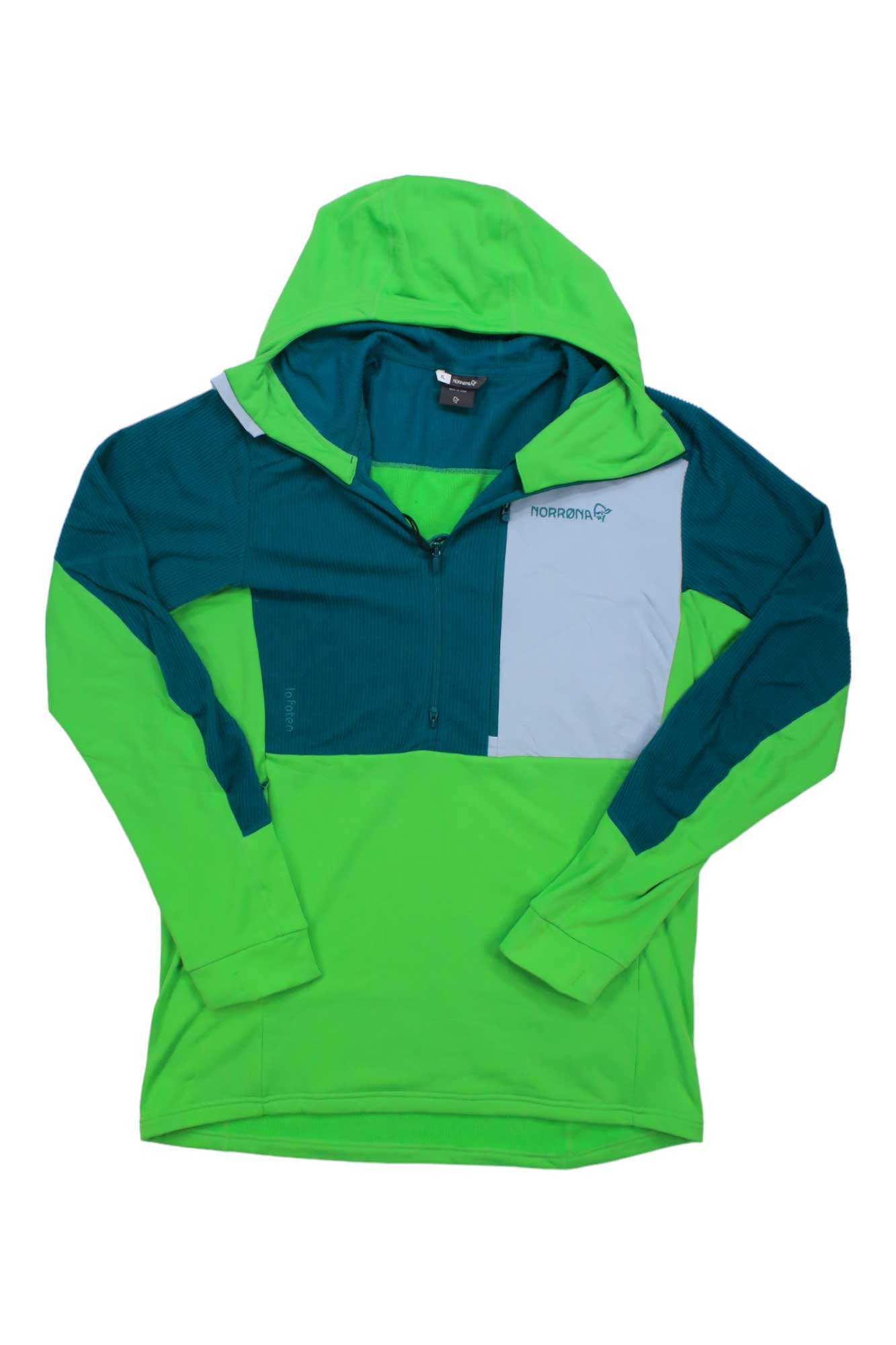 The Norrona Men's Lofoten Thermal Pro Hoodie is a green and teal ski hoodie with a front zipper, light gray accent patch, and right chest logo. Made from recycled polyester for warmth and sustainability.