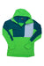 The Norrona Men's Lofoten Thermal Pro Hoodie is a green and teal ski hoodie with a front zipper, light gray accent patch, and right chest logo. Made from recycled polyester for warmth and sustainability.