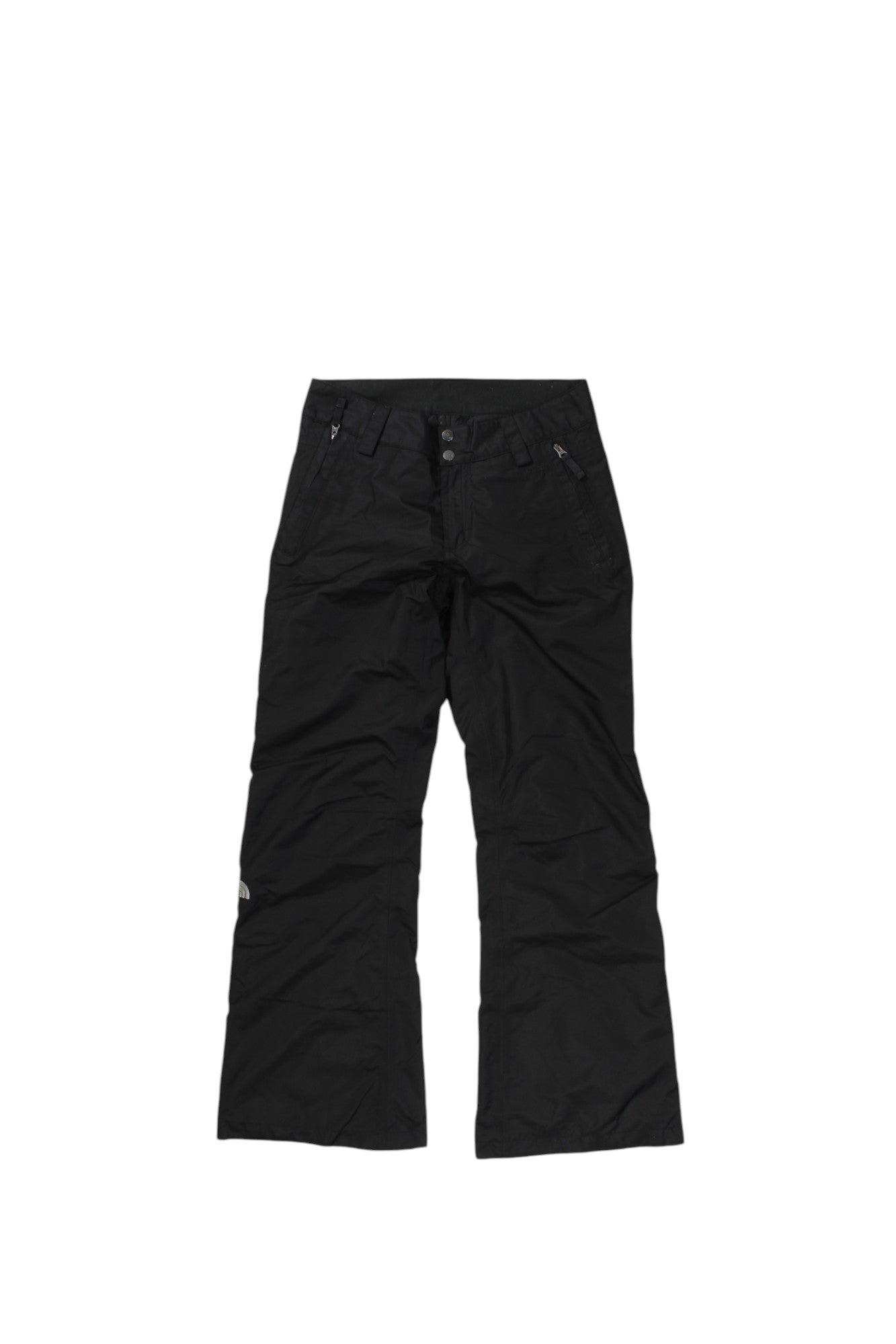 The North Face Womens Sally Insulated Pants in black, full-length with straight legs, front zipper and button closure, belt loops, and pockets, shown laid flat on a white background.