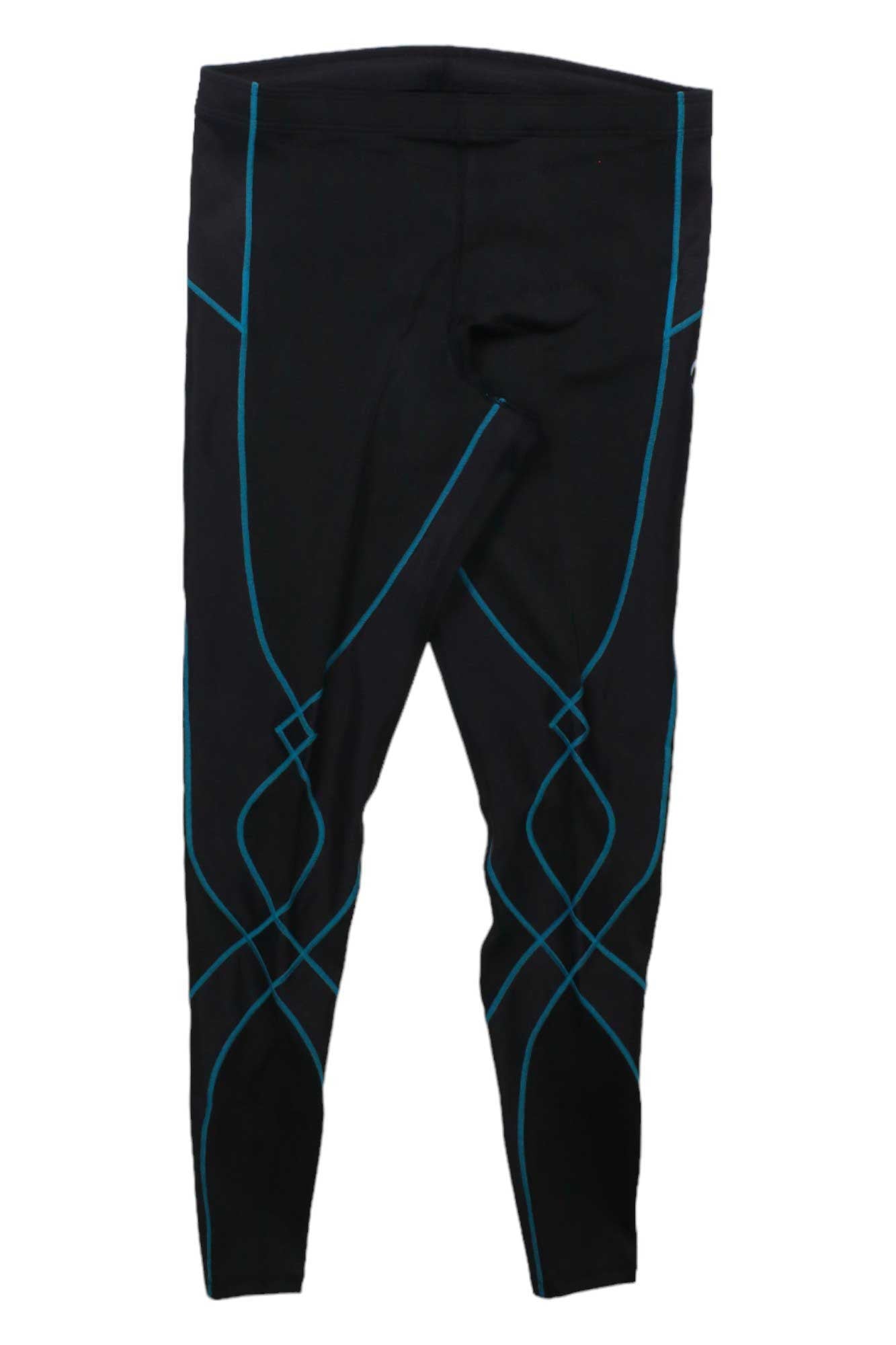 The CW-X Mens Stabilyx Joint Support Compression Tight is a black athletic legging with turquoise curved lines, designed for men’s joint support. Pictured flat on a white background, it features a small logo on the left thigh.