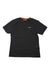 Men's athletic T-shirt in dark black, short sleeves, small white chest logo, orange neck label