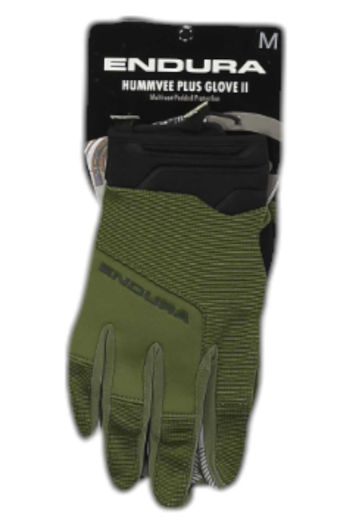 A pair of medium green Endura Mens Hummvee Plus II Gloves with gel-padded palms, shown on a black and white retail packaging card.
