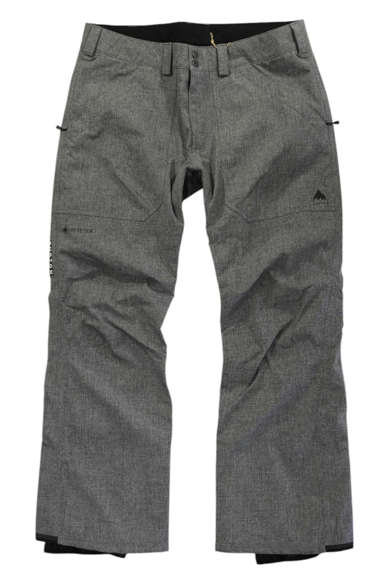 The Burton Men's GTX Ballast Pant is a pair of gray heathered snow pants with breathable, durable fabric, belt loops, zip fly, snap closure, two side pockets, and reinforced cuffs—perfect for winter sports or outdoor activities.