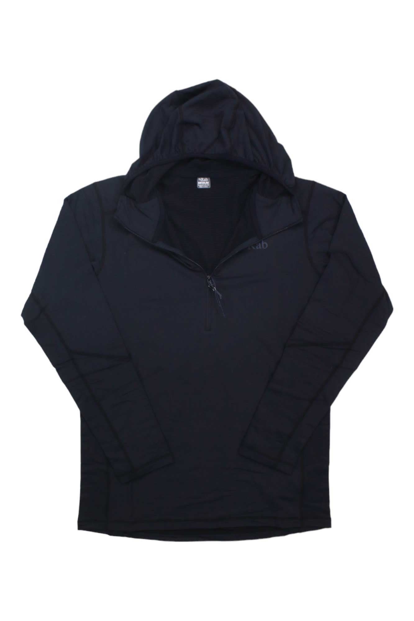Men's hooded pullover jacket, dark color, zip front and long sleeves