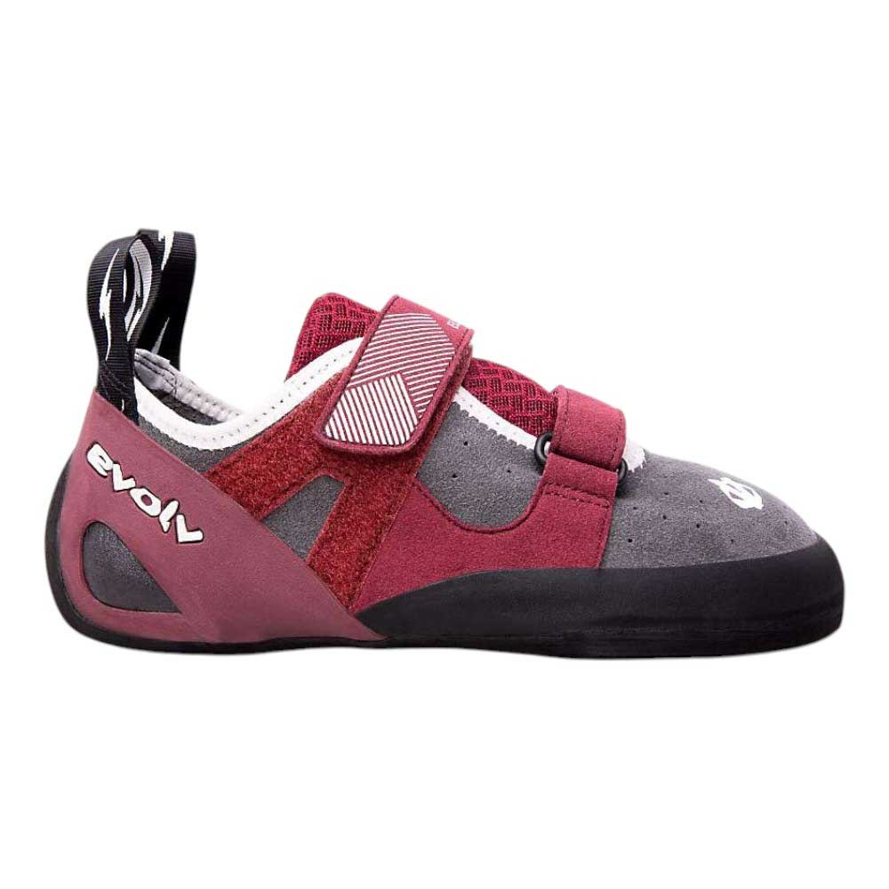 Women’s climbing shoe in merlot and dark gray with hook-and-loop strap and lace