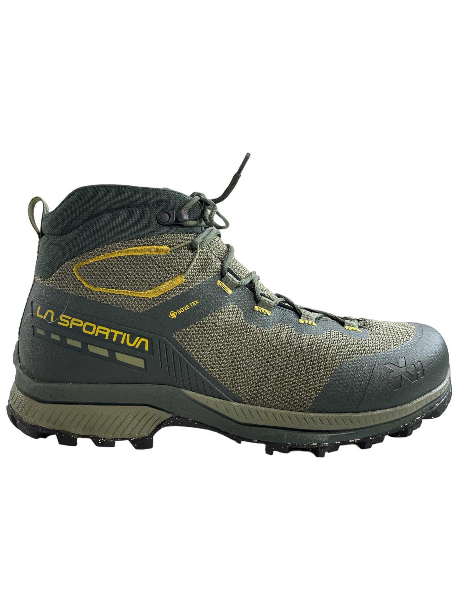 Men's mid hiking boot, dark green mesh with GORE-TEX logo and yellow accents, lace-up