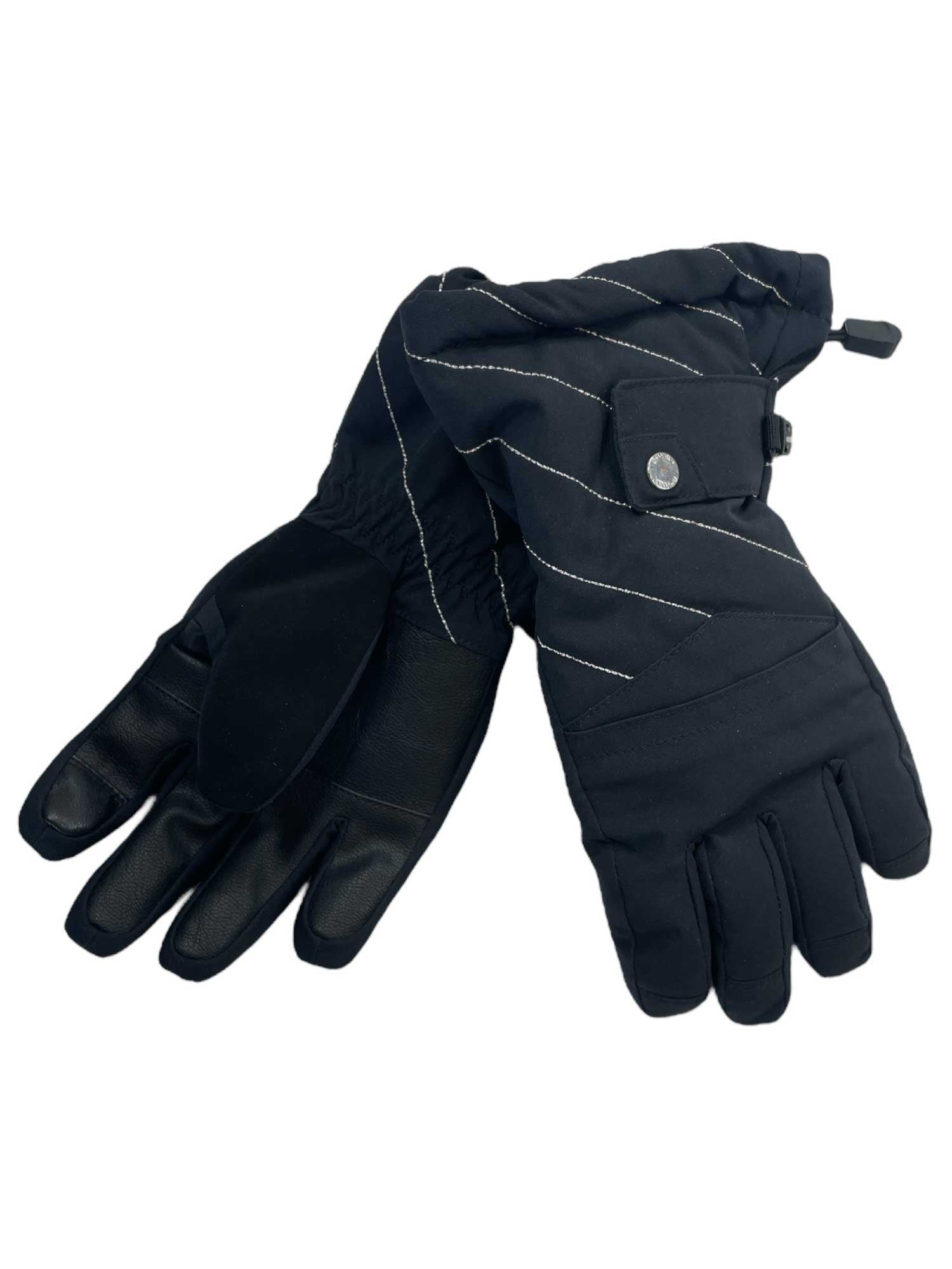 The Spyder Girls Synthesis Ski Glove is black with a quilted, diagonal-stitched design, leather-like palms and fingers, Primaloft insulation for warmth, and a snap button at the wrist.