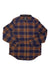 The Toad & Co Womens Folk Yeah Shirt Jacket is a long-sleeve flannel made from recycled wool with an orange, navy blue, and brown plaid pattern, two button-flap chest pockets, and a classic collar—both stylish and eco-friendly.