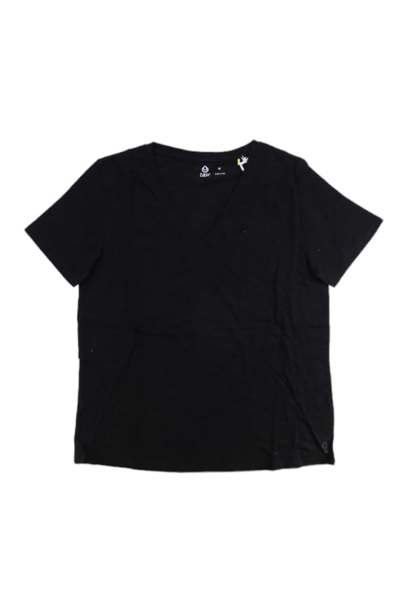 Black women's V-neck short-sleeve T-shirt, visible side seam tag