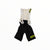 Black and white Rapha Mens Pro Team Bib Shorts II - Long feature yellow RAPHA text on the left leg, a striped shoulder strap detail, and a dual-density chamois pad, shown on a white background.