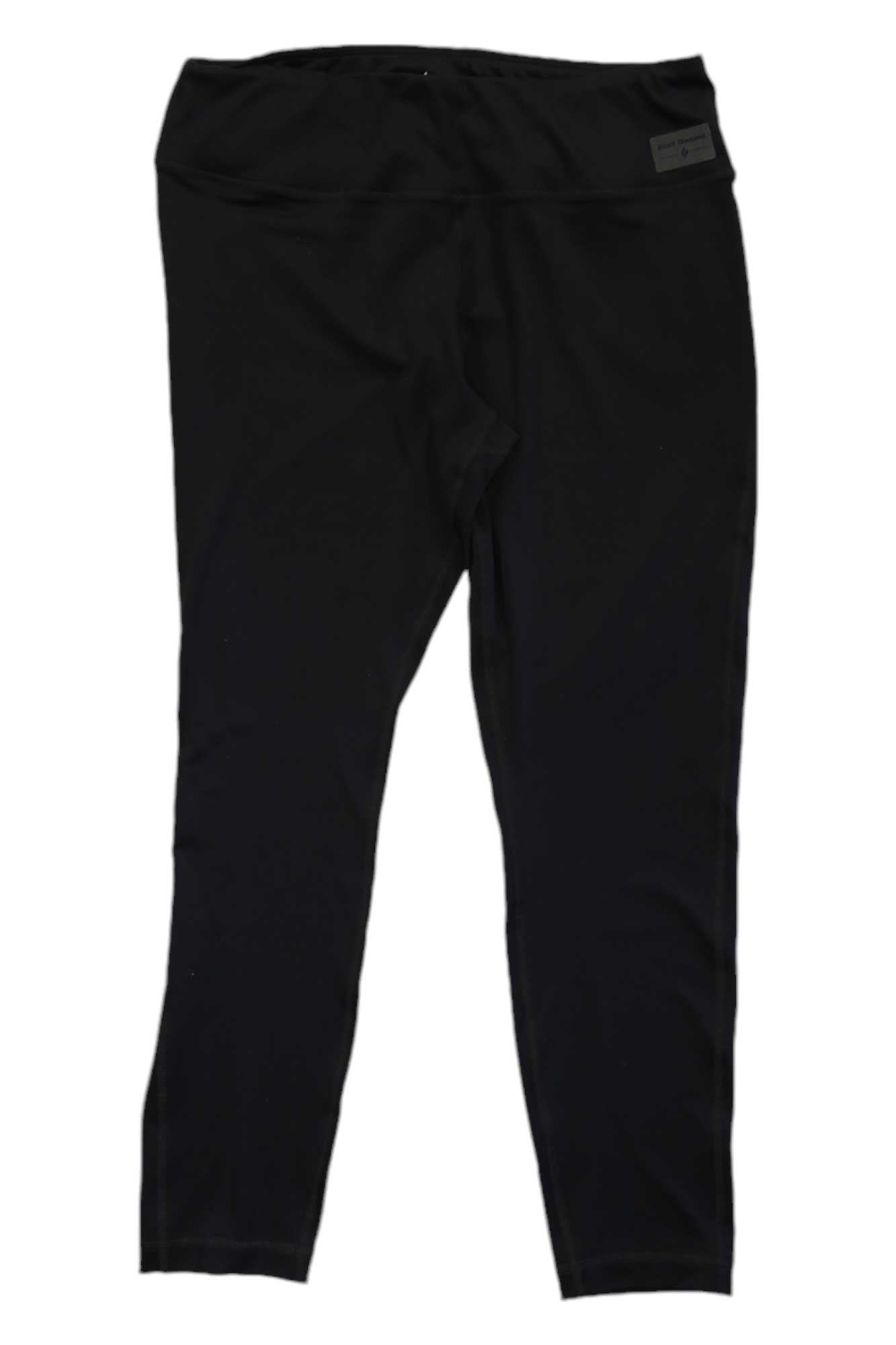 A pair of Black Diamond Women's Rise Tight leggings in plain black, full length and laid flat on a white background. These quick-drying fitness leggings feature a wide waistband with a small rectangular tag on the top right.