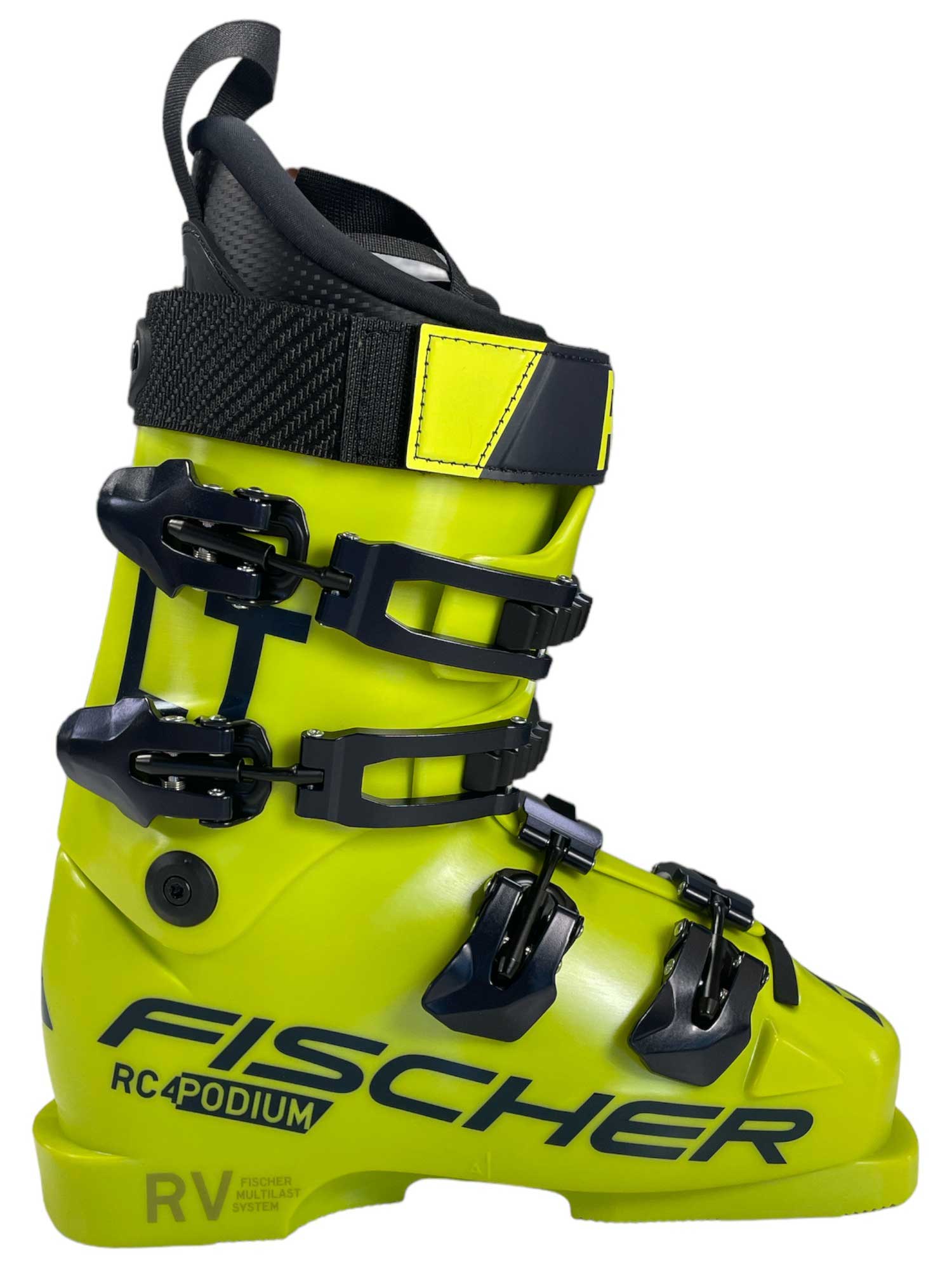 The Fischer RC4 Podium LT 90 Ski Boot is a bright yellow junior racing boot featuring black buckles, bold FISCHER branding, and black/yellow straps. It’s lightweight, sturdy, and has multiple adjustments for young racers.