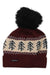The Turtle Fur Women's Castanea Hat is a maroon knit winter hat with a black pom-pom, cream and dark tree patterns around the middle, a folded brim, and a small black label.