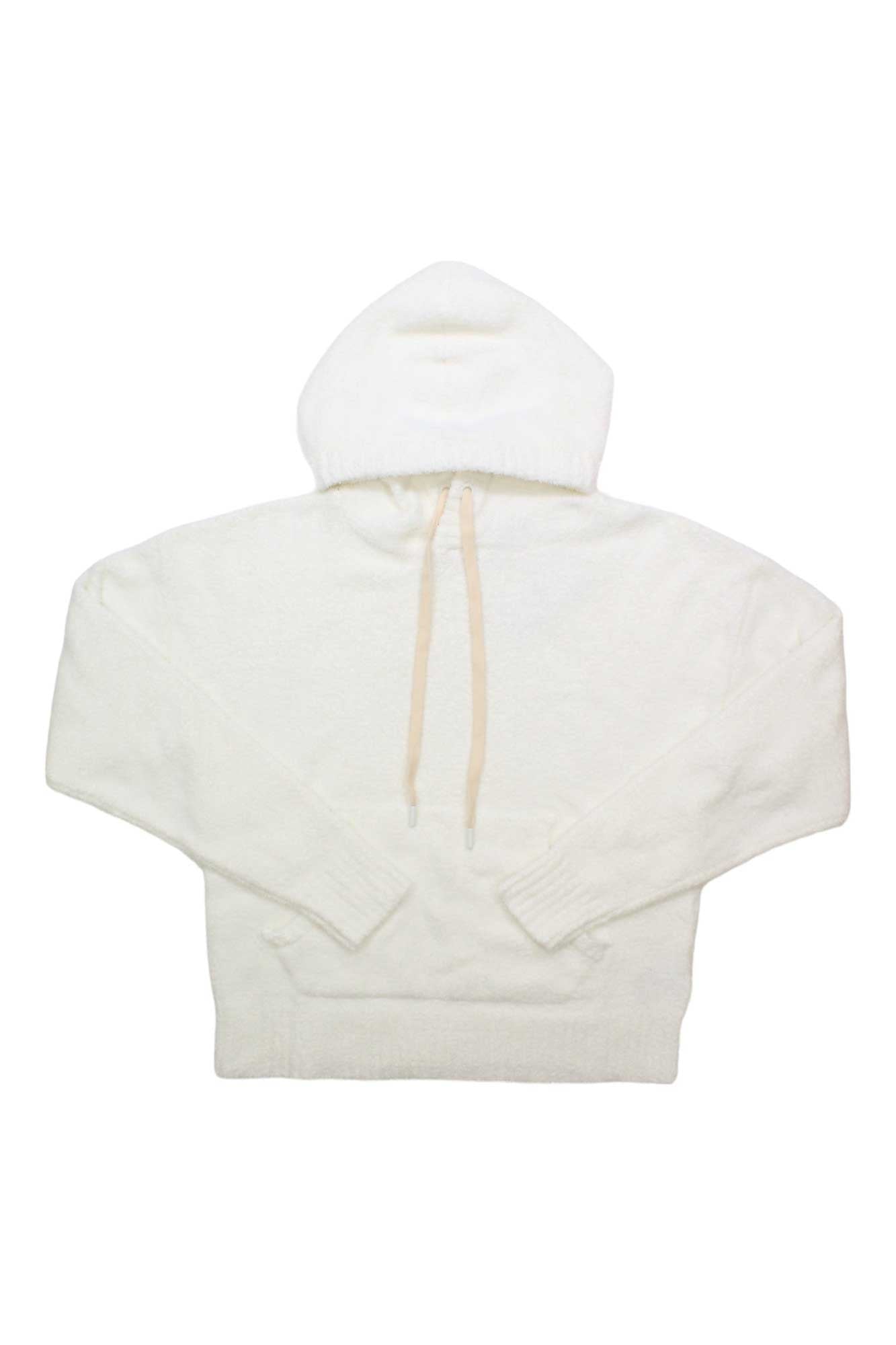 The Ugg Womens Asala Hoodie is a white pullover with long sleeves, a front pocket, and beige drawstrings—perfect for everyday comfort as a women's casual hoodie.
