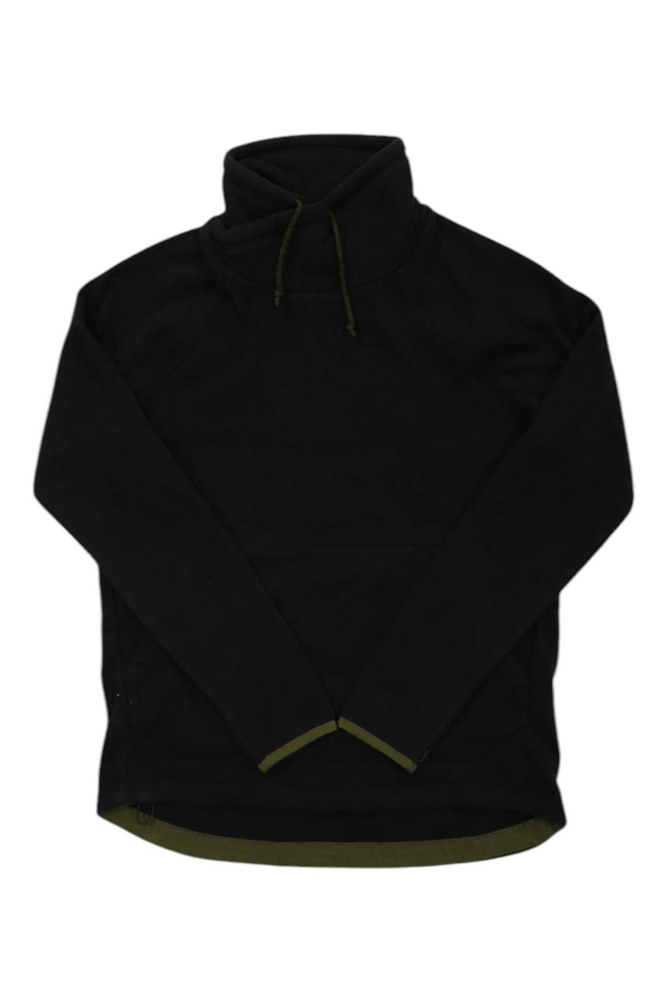 The Royal Robbins Women's Arete Funnel Neck Top is a black long-sleeve pullover with a drawstring high funnel neck and olive green trim—an ideal fleece layer for outdoor adventures, shown laid flat on a white background.