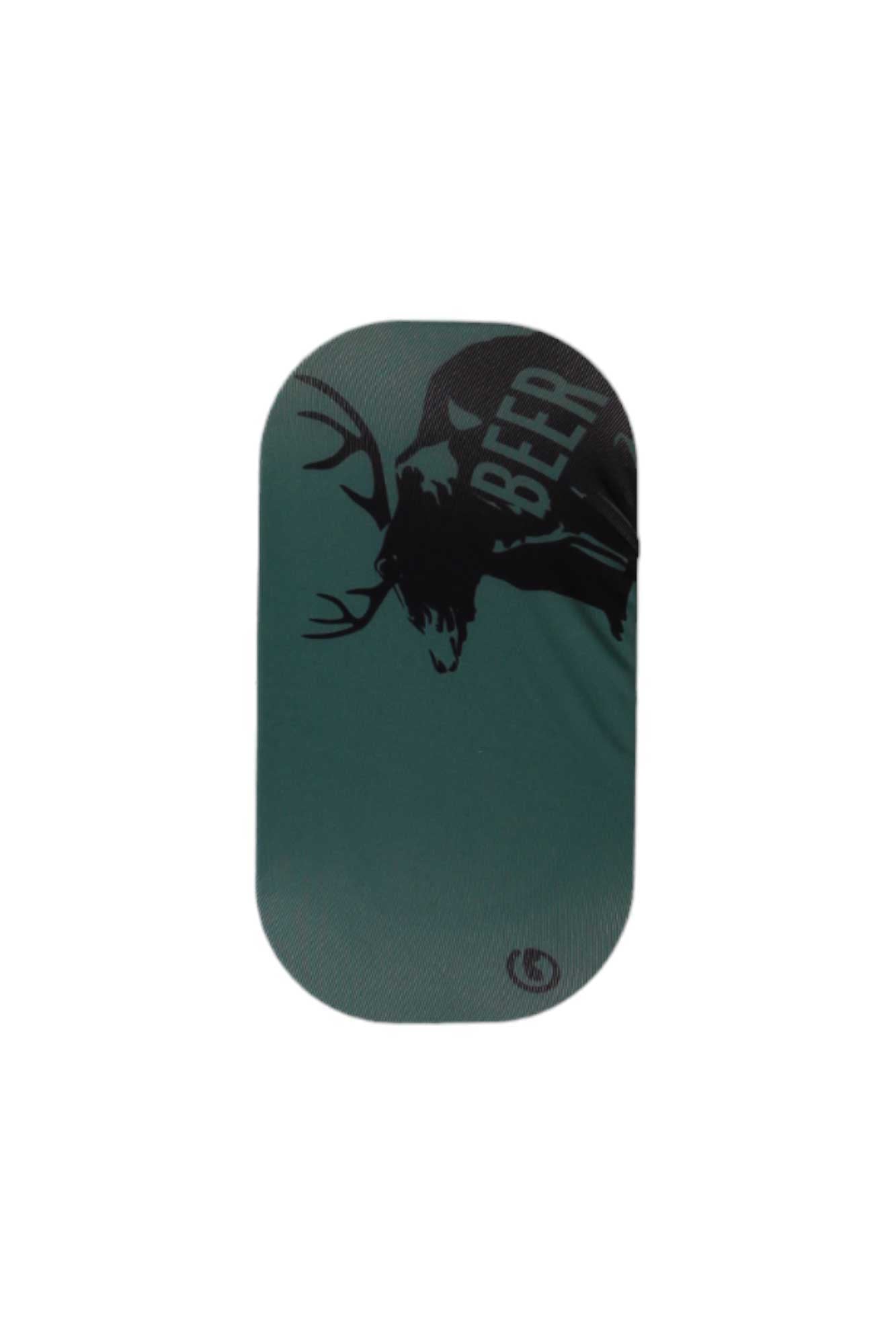 The GoggleSoc Protective Goggle Cover is a green, eco-friendly, oval-shaped accessory with a black deer silhouette and the word "BEER," shown on a plain white background.