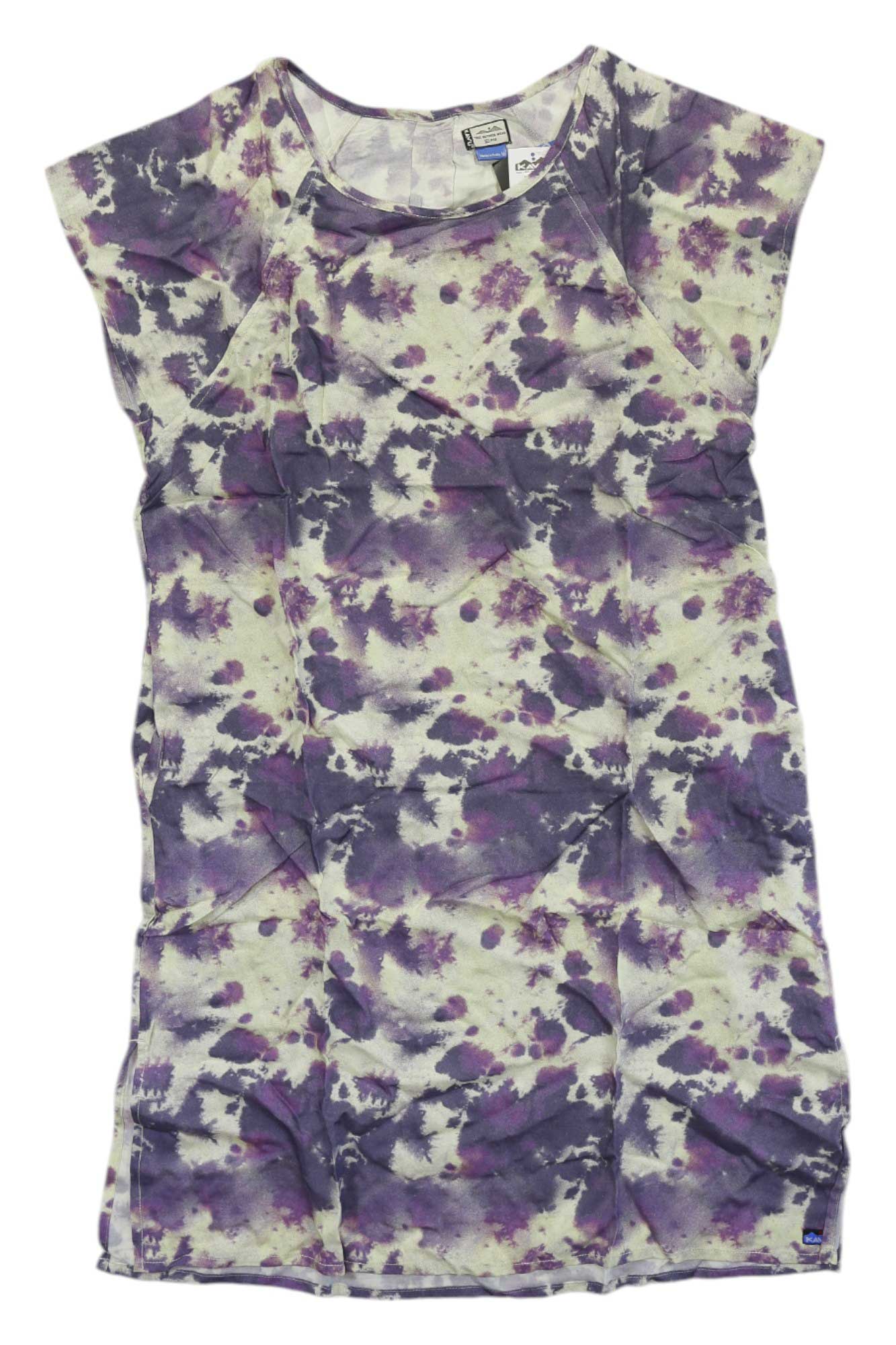 The KAVU Womens Somerton Dress is a short-sleeved, purple and white tie-dye viscose dress with a relaxed fit. Laid flat on a white background, its slightly wrinkled look makes it the perfect versatile travel dress for comfort and style.
