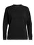 The Icebreaker Womens Momentum LS Crewe is a plain black long sleeve crew neck sweatshirt for women, made from soft Merino wool, featuring a subtle horizontal seam detail across the chest and arms, shown on a white background.