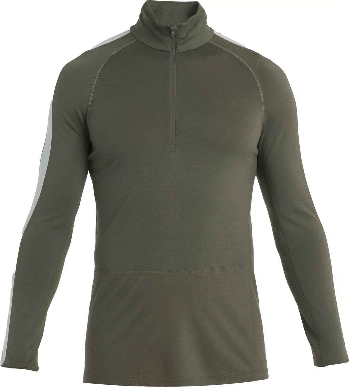 The Icebreaker Men's Merino 200 Zoneknit LS Half Zip Top is an olive green, long-sleeve athletic pullover with a high collar, light gray sleeve stripes, and a fitted design made from 100% lightweight merino wool.