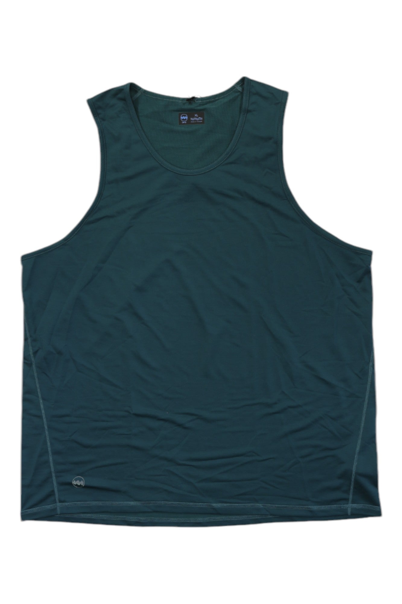 The Janji Men's Helio Tech Tank is a sleeveless, dark green performance top with light side stitching and a small logo near the bottom hem—an ultralight, moisture-wicking option for men, shown laid flat on a white background.
