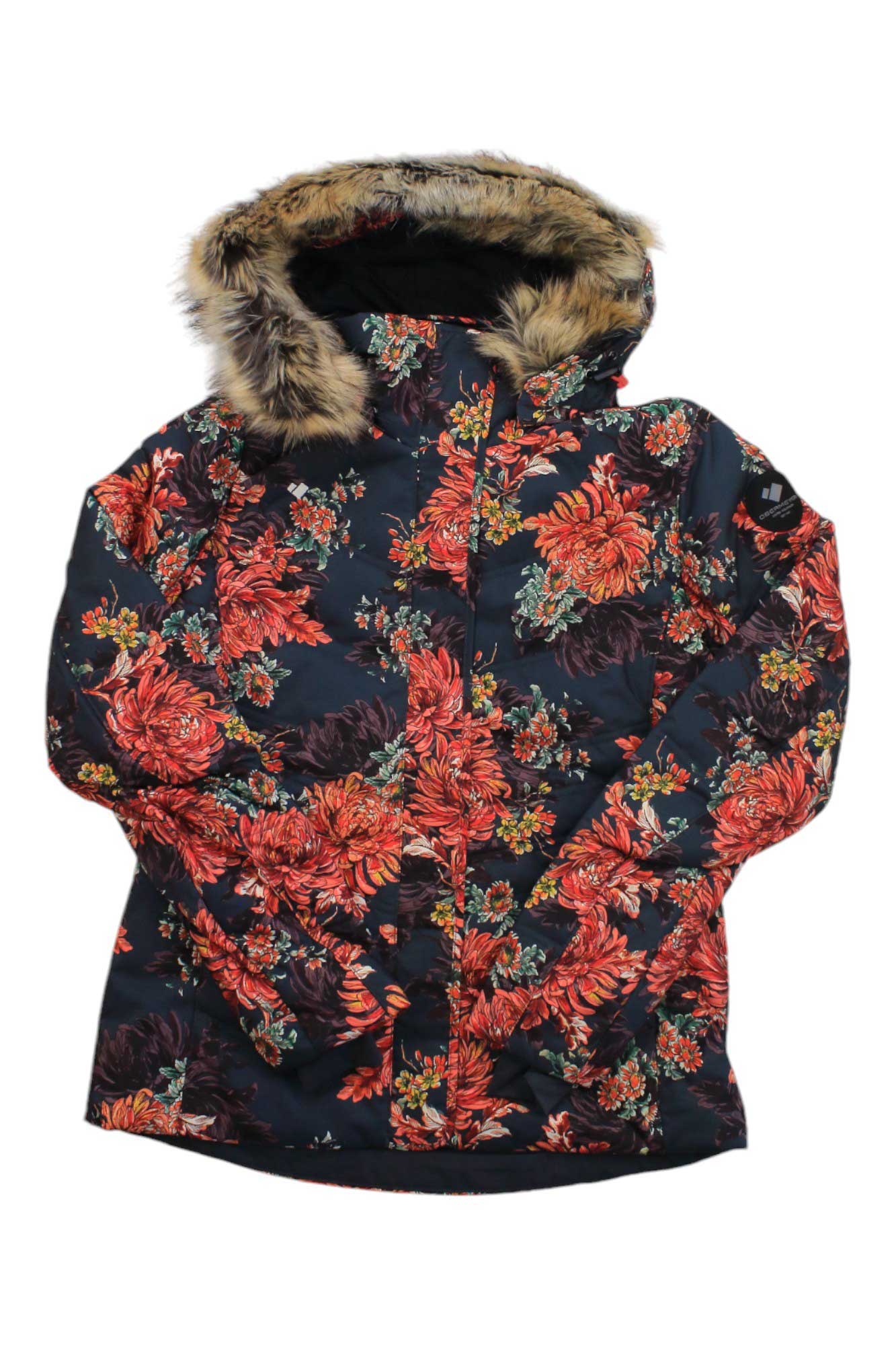 The Tuscany II Jacket showcases a deep hue with a vivid red and orange floral design and a faux fur-trimmed hood—ideal as your go-to winter jacket.
