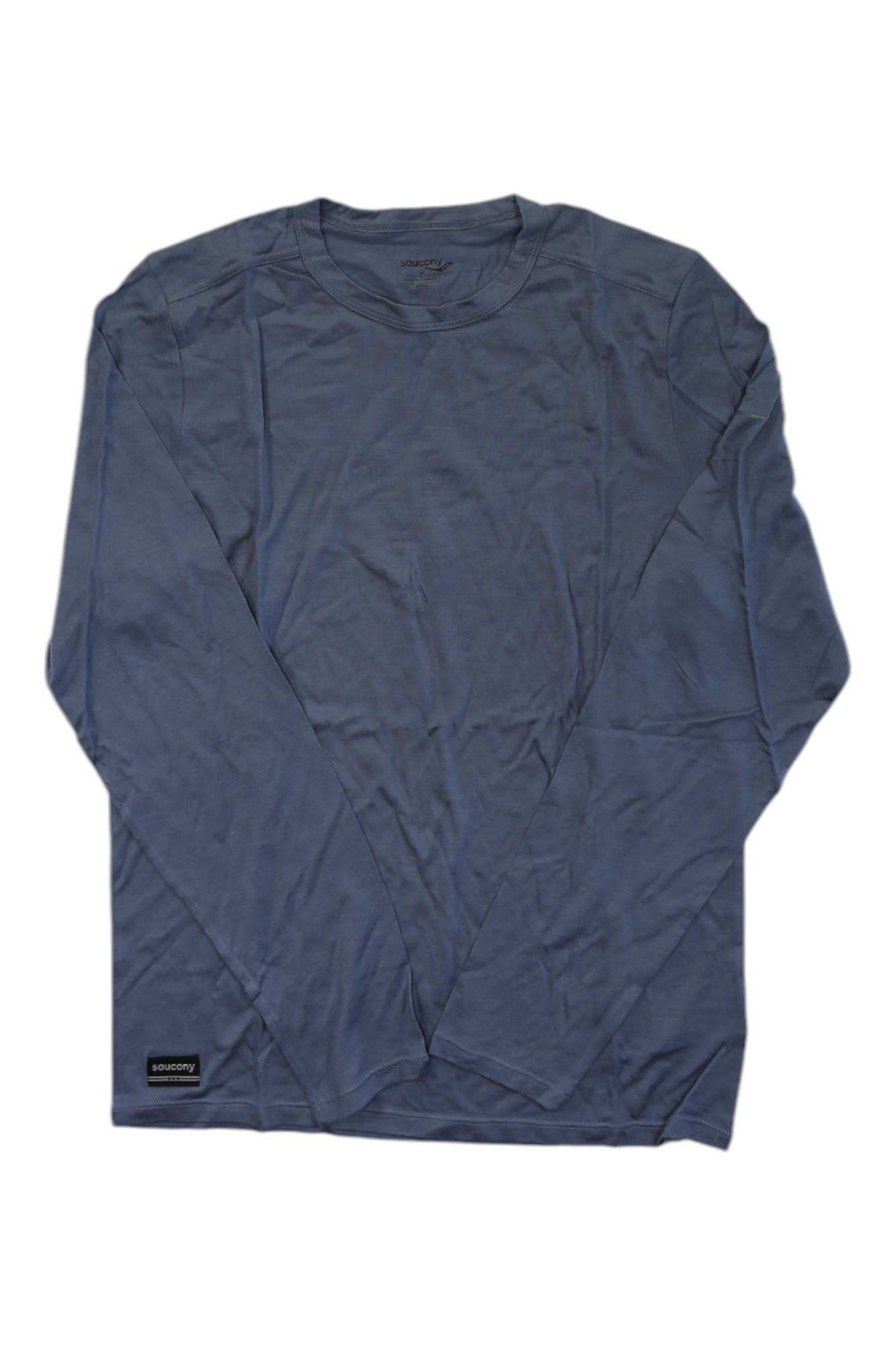 Saucony Peregrine merino long-sleeve top, blue heather crew neck with chest logo
