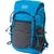 Blue backpack with gray front pocket, zip compartment, and padded shoulder straps